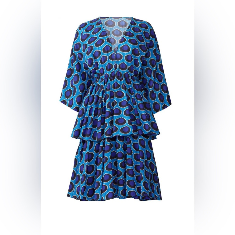 RHODE Blue & Teal Printed Tiered V-Neck Dress